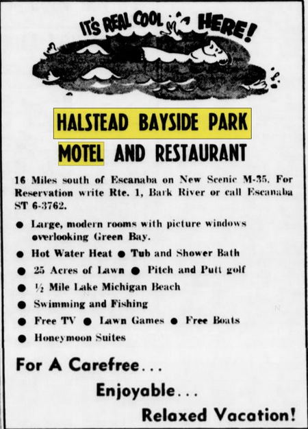 Halsteads Bayside Park Motel & Restaurant - May 1962 Ad (newer photo)
